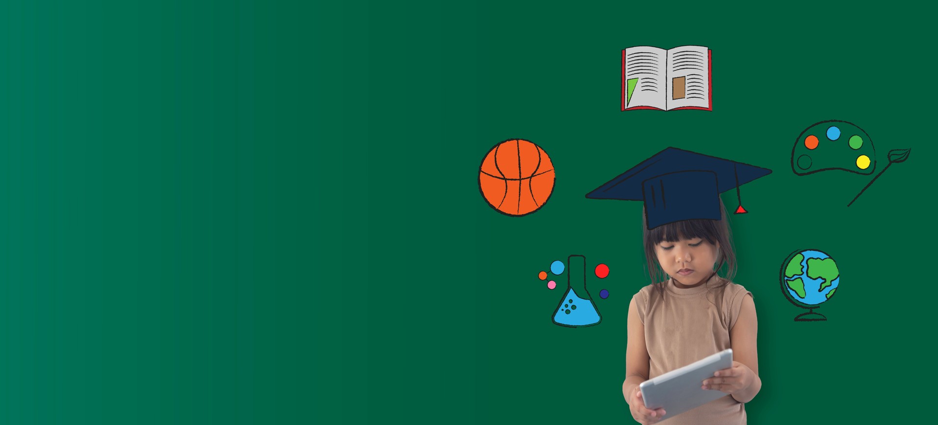 Little girl holding digital tablet with education icon against green background. Education and technology concept.
